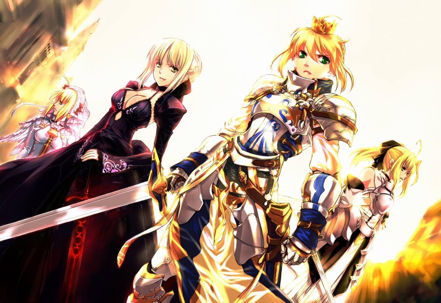 armor, artoria_pendragon_(fate), artoria_pendragon_alter_(fate), cleavage, dress, fate/extra, fate/extra_ccc, fate/hollow_ataraxia, fate/stay_night, fate/unlimited_codes, jian_huang, nero_claudius_(fate), sword