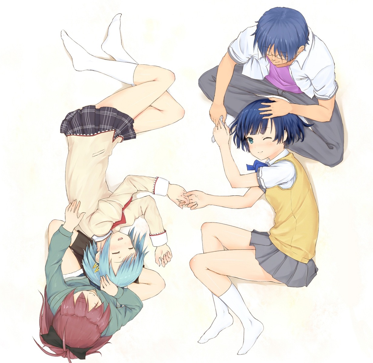 ano_natsu_de_matteru, crossover, ishigaki_tetsurou, mahou_shoujo_madoka_magica, miki_sayaka, sakura_kyouko, seifuku, shouin