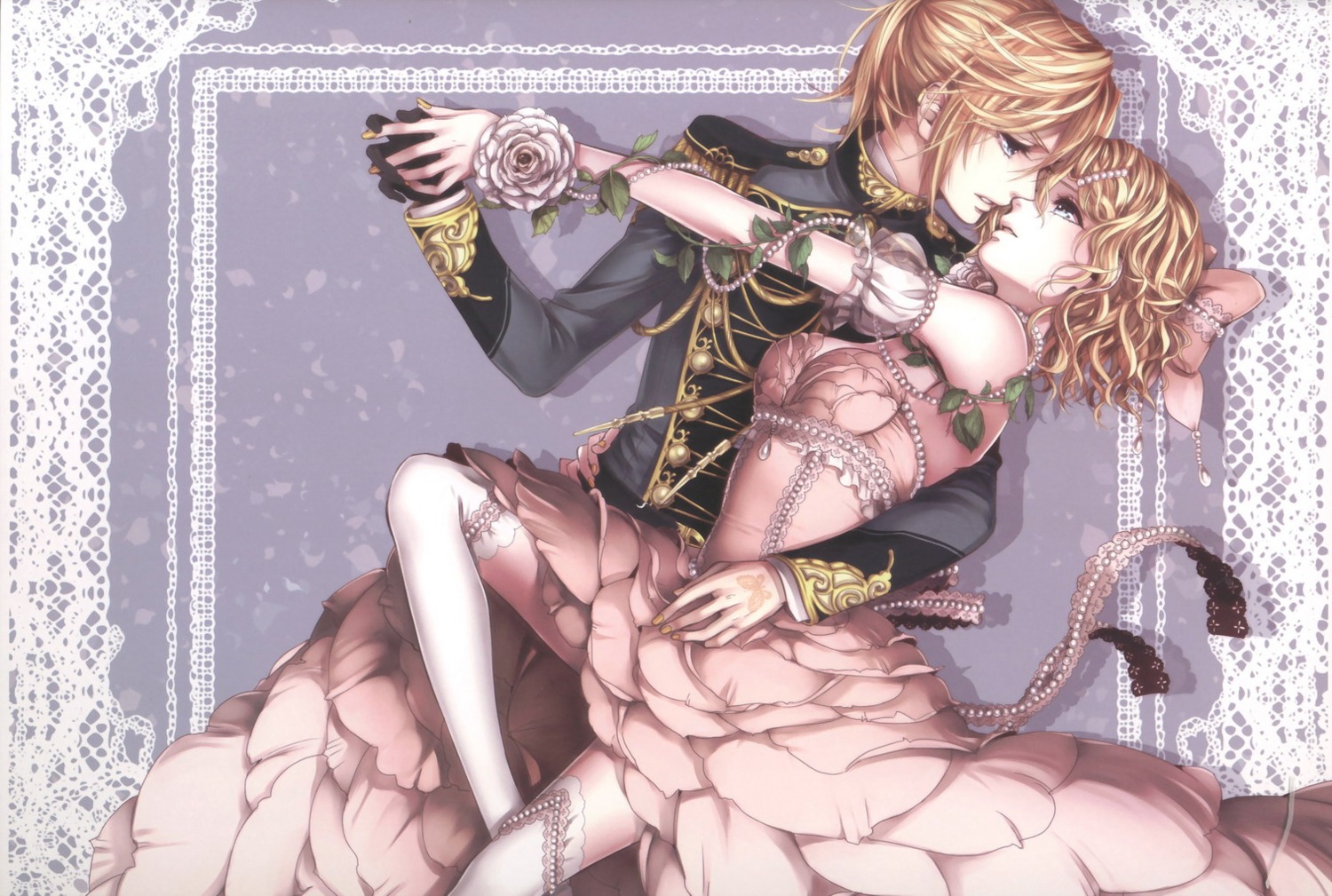 dress, kagamine_len, kagamine_rin, suzunosuke, thighhighs, vocaloid