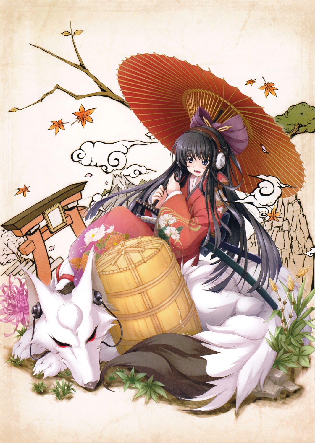 headphones, kamitsurugi_ouka, kimono