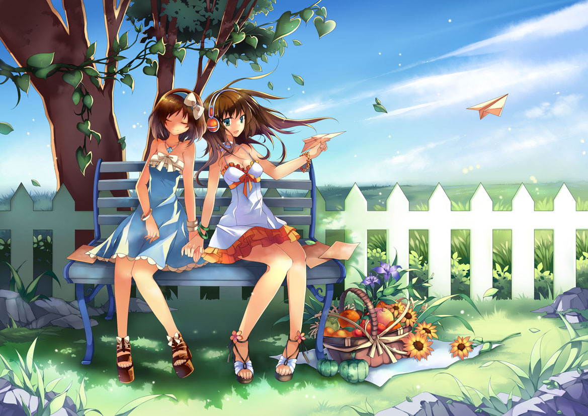 cleavage, dress, headphones, jpeg_artifacts, red_silk_bird, summer_dress