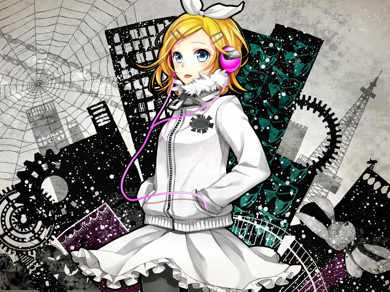 headphones, kagamine_rin, pantyhose, vocaloid, wallpaper, yunco
