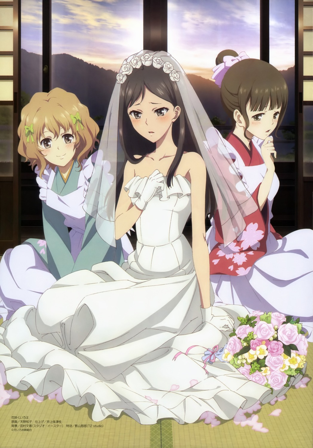 amano_kazuko, dress, hanasaku_iroha, japanese_clothes, matsumae_ohana, oshimizu_nako, tsurugi_minko, wedding_dress