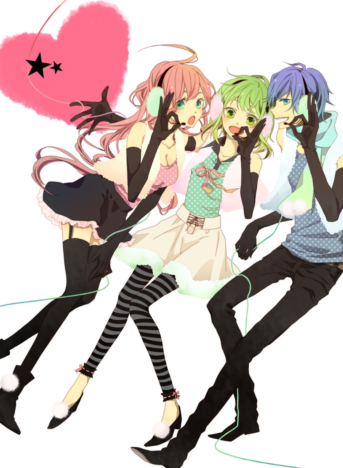 cleavage, gumi, happy_synthesizer_(vocaloid), kaito, megurine_luka, nico_(artist), stockings, thighhighs, vocaloid
