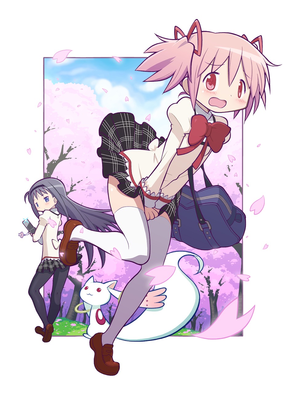 akemi_homura, gecchu, kaname_madoka, kyubey, mahou_shoujo_madoka_magica, pantyhose, seifuku, thighhighs