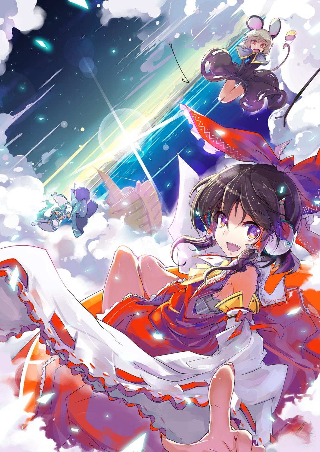 animal_ears, hakurei_reimu, kochiya_sanae, nazrin, tail, touhou, yui_(niikyouzou)