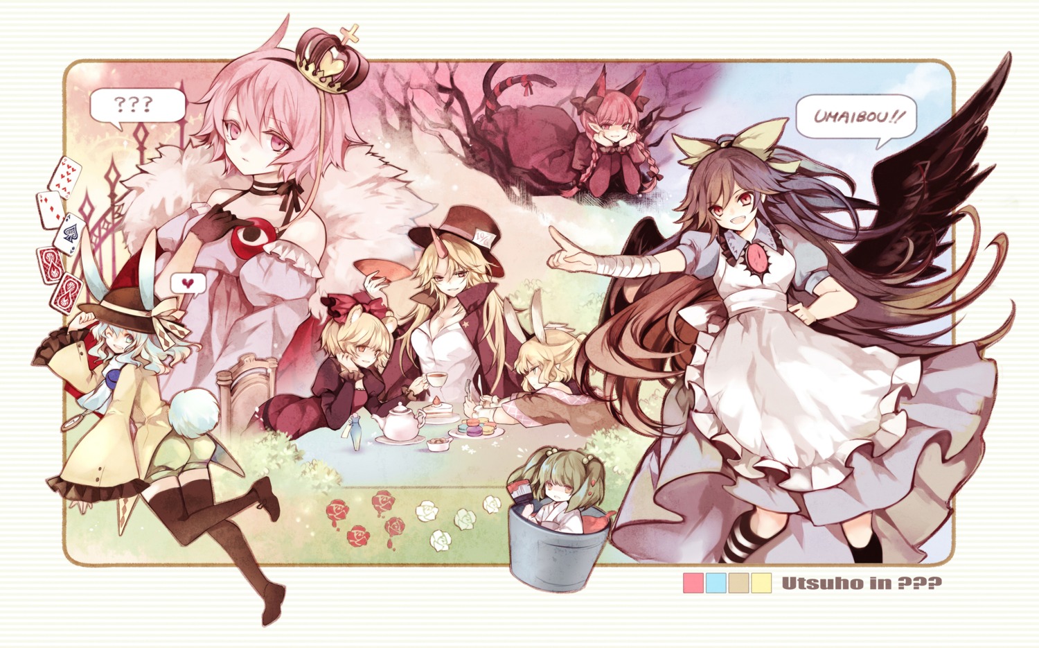 alice_in_wonderland, animal_ears, bunny_ears, cosplay, hina, hoshiguma_yuugi, kaenbyou_rin, kisume