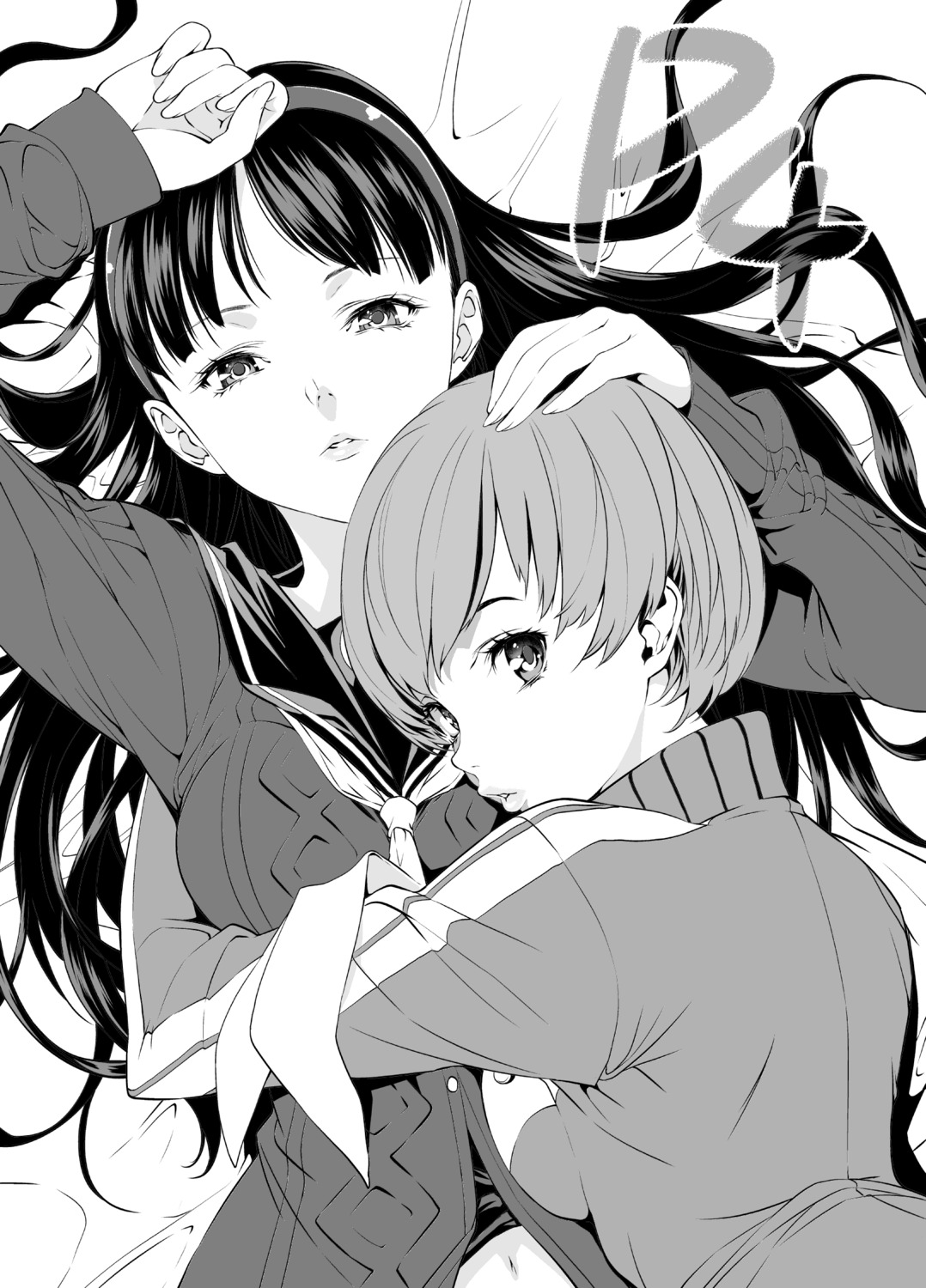 amagi_yukiko, megaten, monochrome, persona, persona_4, satonaka_chie, seifuku, tosh