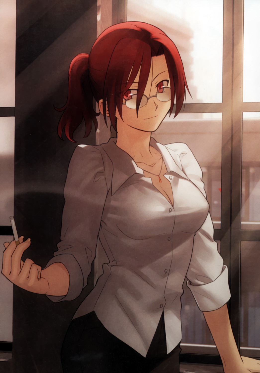 aozaki_touko, cleavage, kara_no_kyoukai, megane, smoking, takeuchi_takashi, type-moon