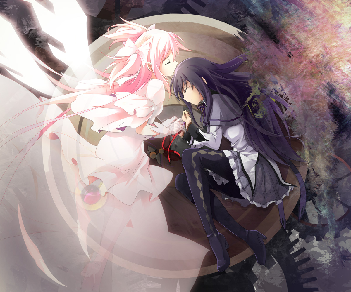 akemi_homura, kaname_madoka, mahou_shoujo_madoka_magica, sanshou, thighhighs