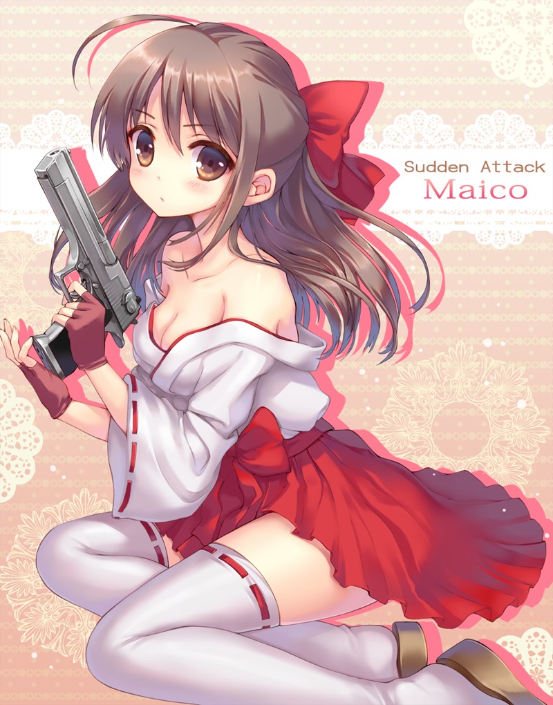 cleavage, gun, miko, momoko_(momopoco), sudden_attack, thighhighs