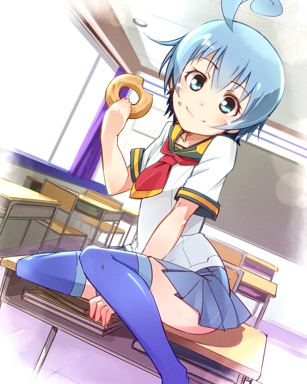 medaka_box, pomon_illust, seifuku, shiranui_hansode, thighhighs