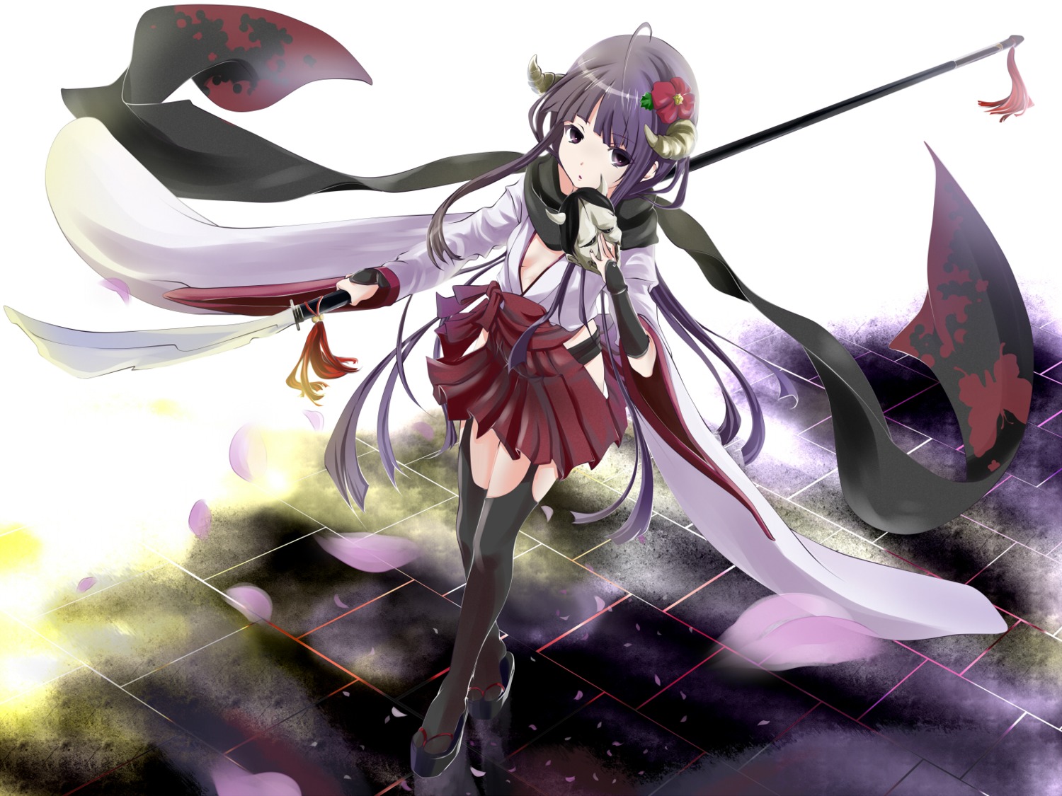cleavage, horns, inu_x_boku_ss, kimono, poker-face-008, shirakiin_ririchiyo, thighhighs, wallpaper
