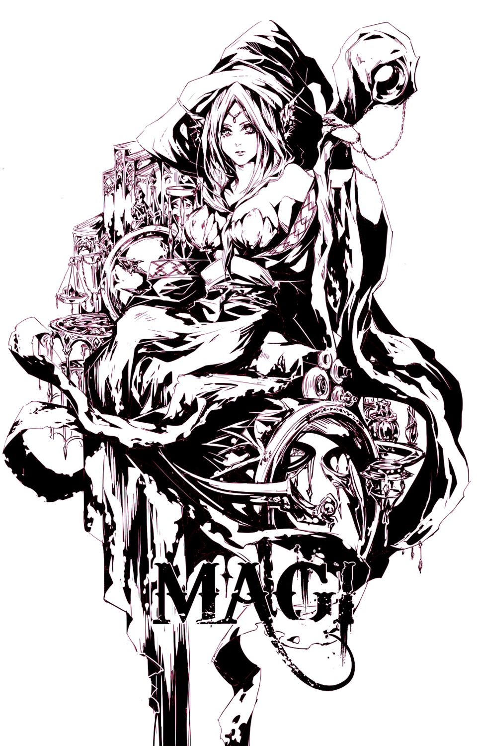 cleavage, garasu, horns, magi_the_labyrinth_of_magic, monochrome, witch, yamlikha