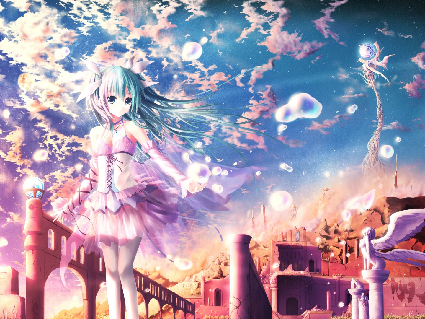akkijin, dress, hatsune_miku, landscape, see_through, thighhighs, vocaloid