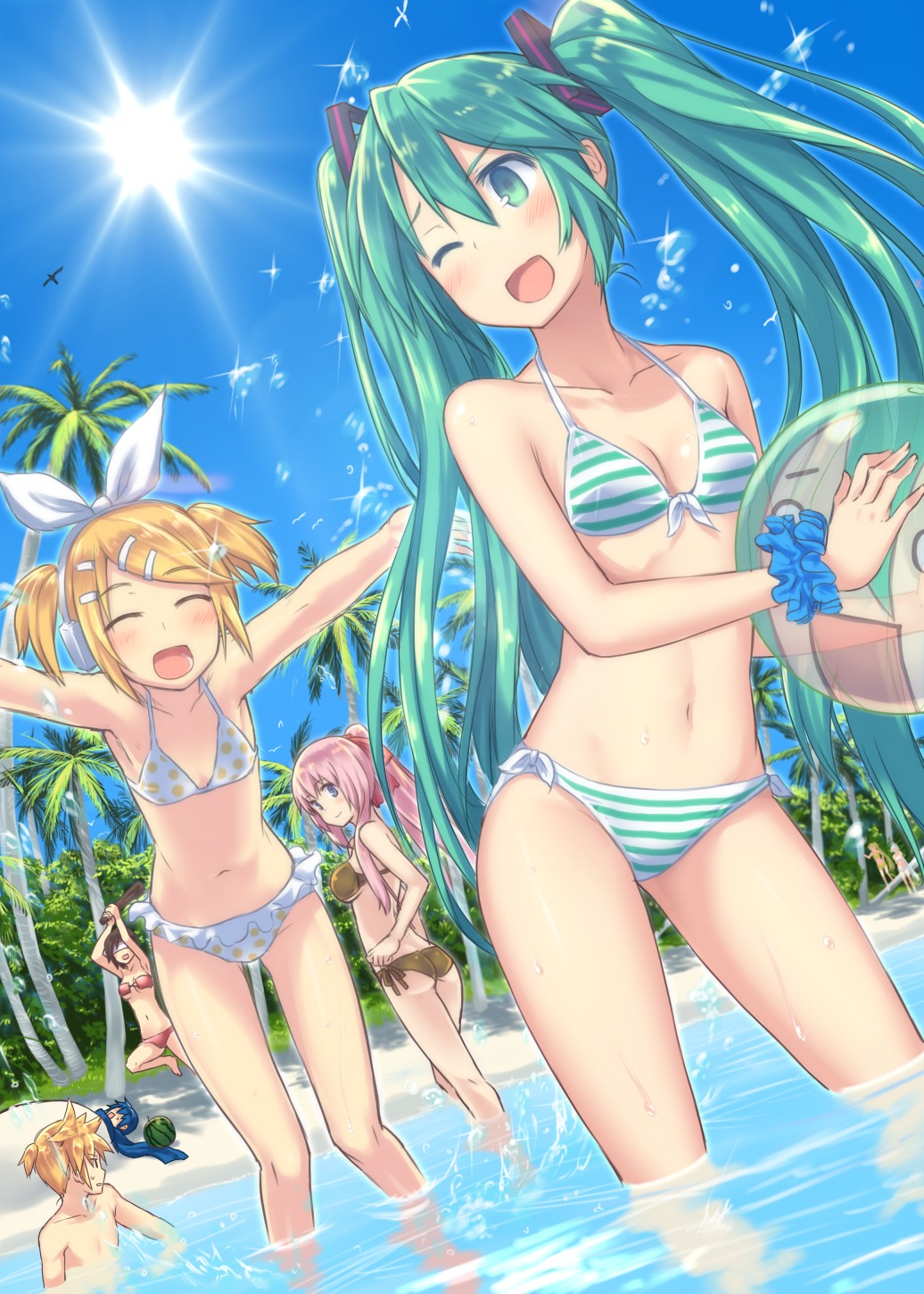 akita_neru, bikini, cleavage, hatsune_miku, hiraga_matsuri, kagamine_len, kagamine_rin, kaito, megurine_luka, meiko, swimsuits, vocaloid, yowane_haku