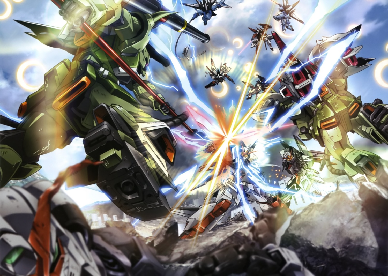 blaze_zaku_warrior, gouf_ignited, gun, gundam, gundam_seed, gundam_seed_destiny, m1_astray, mecha, murasame, sword