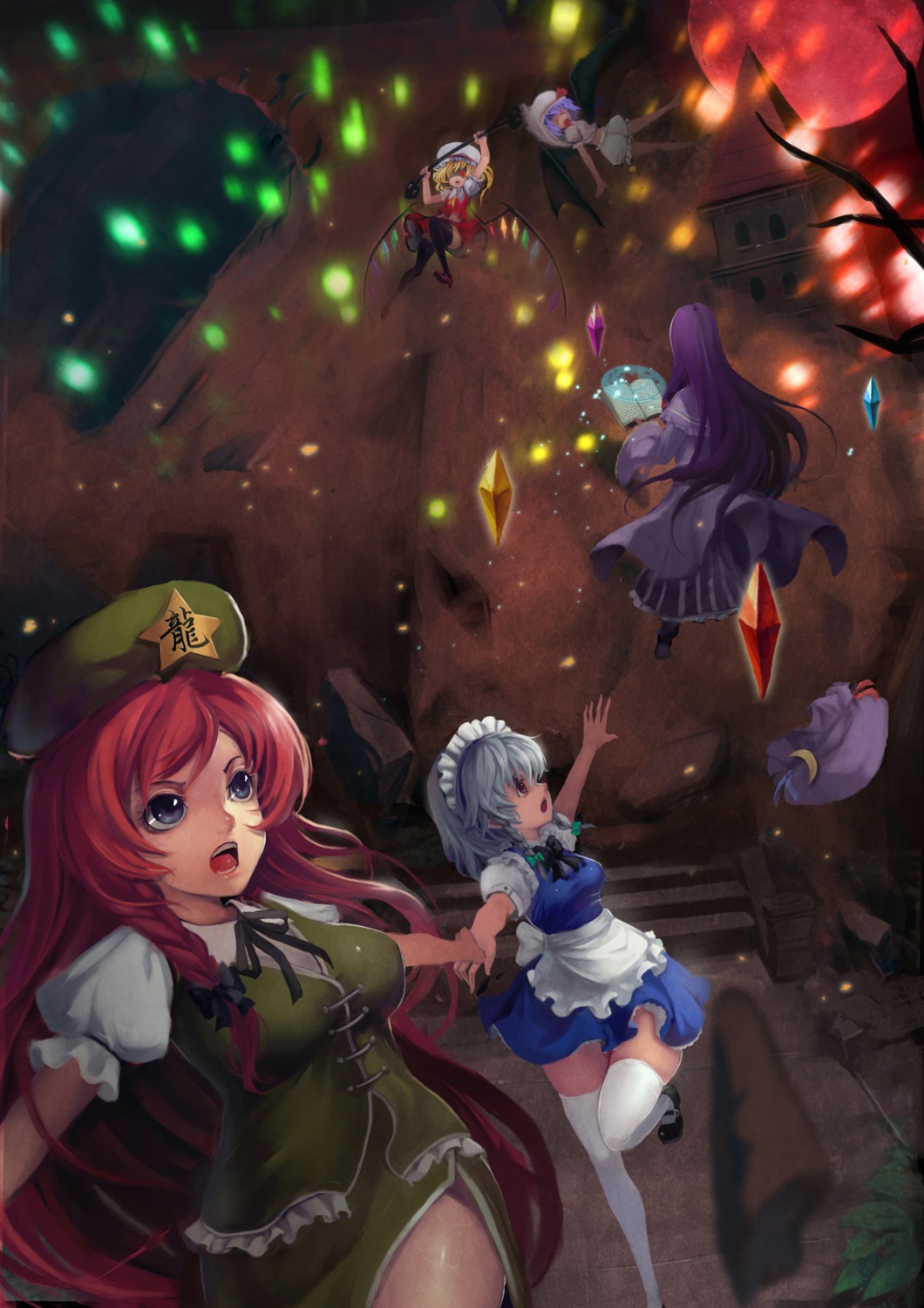 flandre_scarlet, hong_meiling, izayoi_sakuya, patchouli_knowledge, remilia_scarlet, thighhighs, touhou, wings, zqf