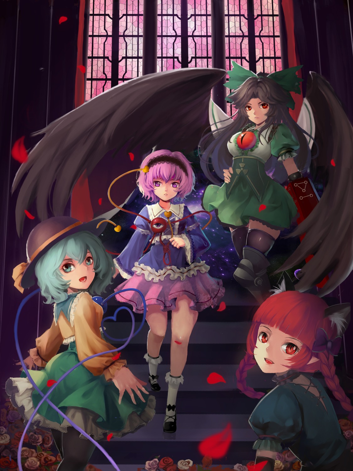 kaenbyou_rin, komeiji_koishi, komeiji_satori, pantyhose, reiuji_utsuho, thighhighs, touhou, zqf