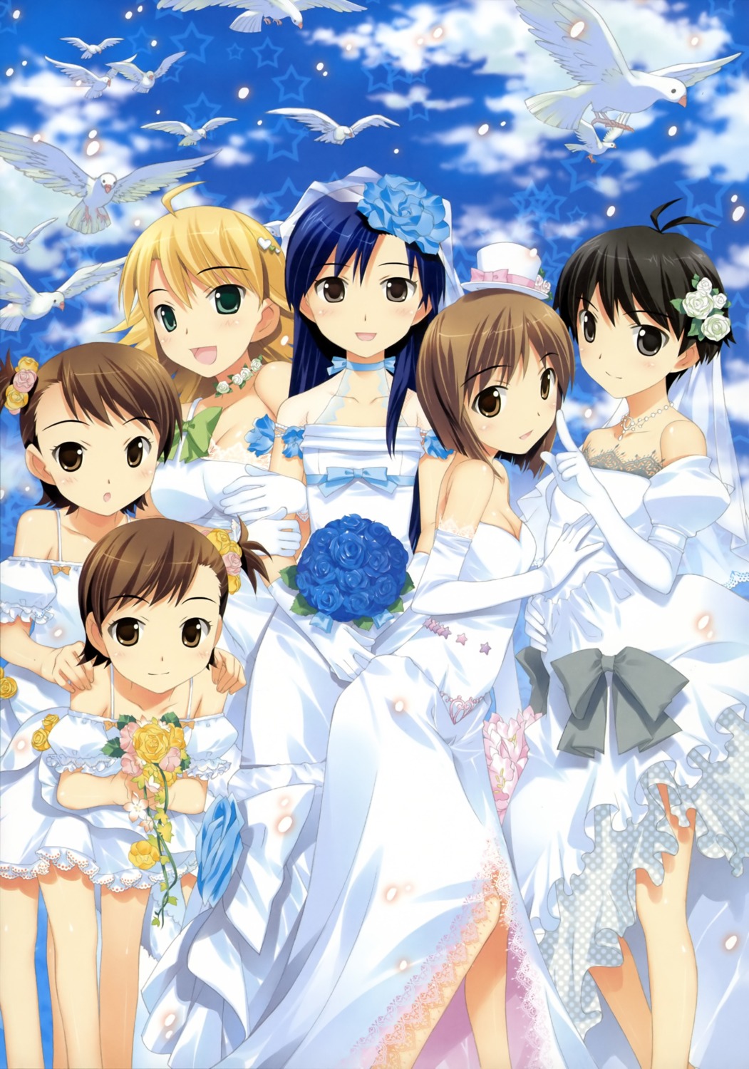 cleavage, dress, fujima_takuya, futami_ami, futami_mami, hagiwara_yukiho, hoshii_miki, kikuchi_makoto, kisaragi_chihaya, the_idolm@ster, the_idolm@ster_break!, wedding_dress