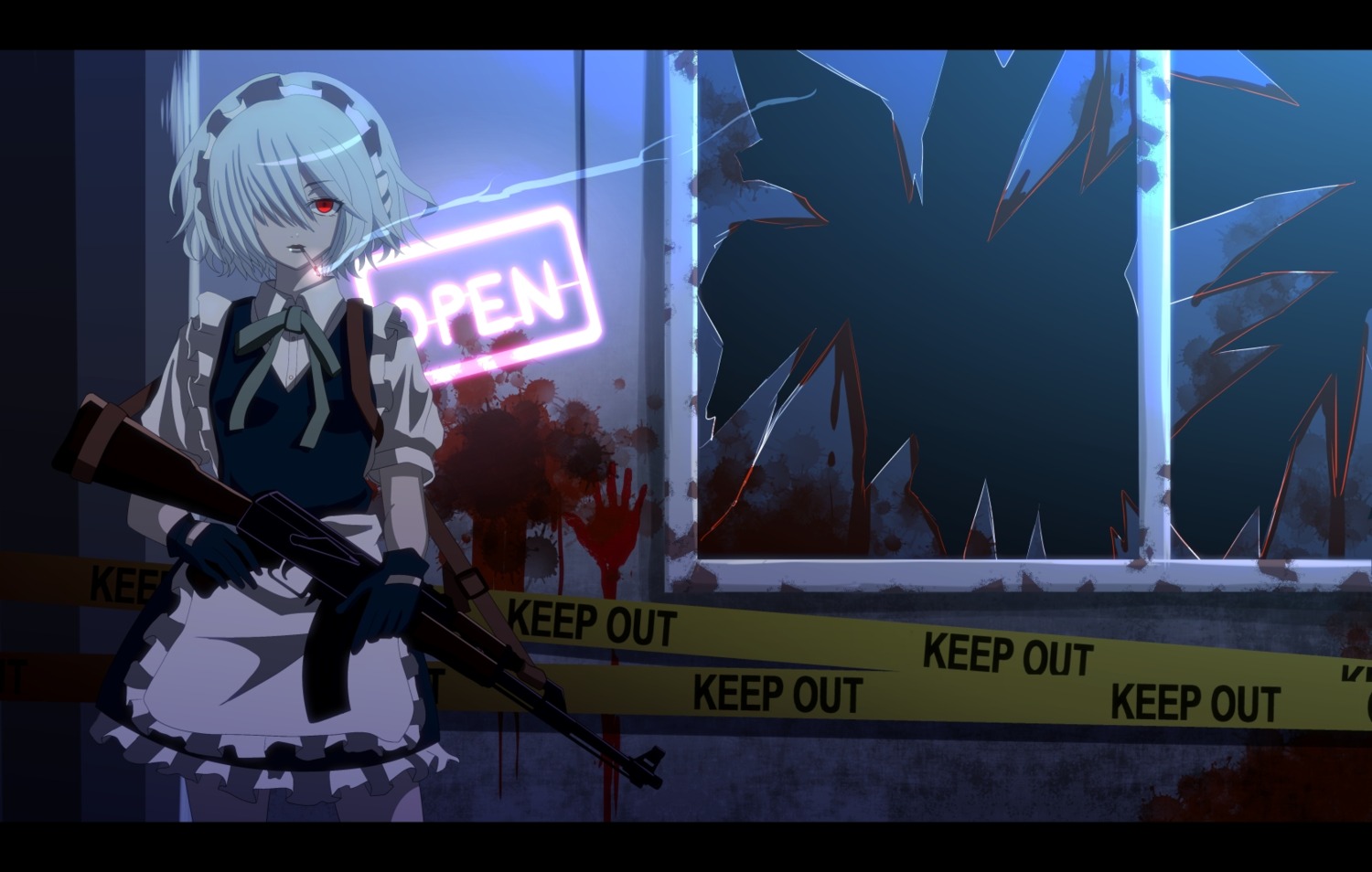 blood, gun, izayoi_sakuya, maid, smoking, tomon_(slash0410), touhou