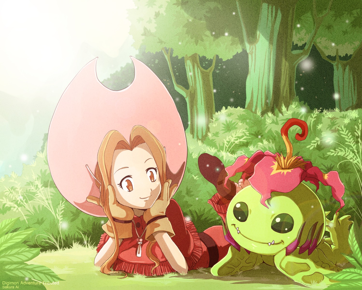 ceal-sakura-ai, digimon, dress, landscape, monster, palmon, tachikawa_mimi