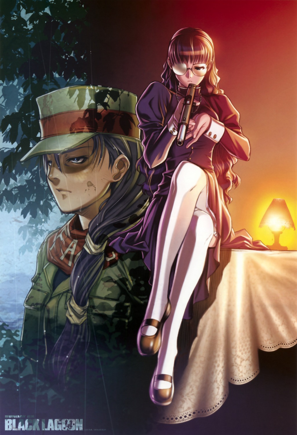 black_lagoon, gun, hiroe_rei, megane, roberta, stockings, thighhighs, uniform