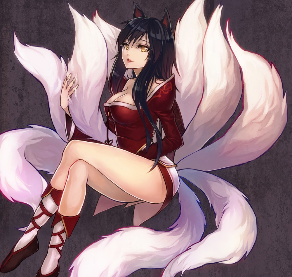 ahri, animal_ears, cleavage, kitsune, league_of_legends, omone_tamashii, tail
