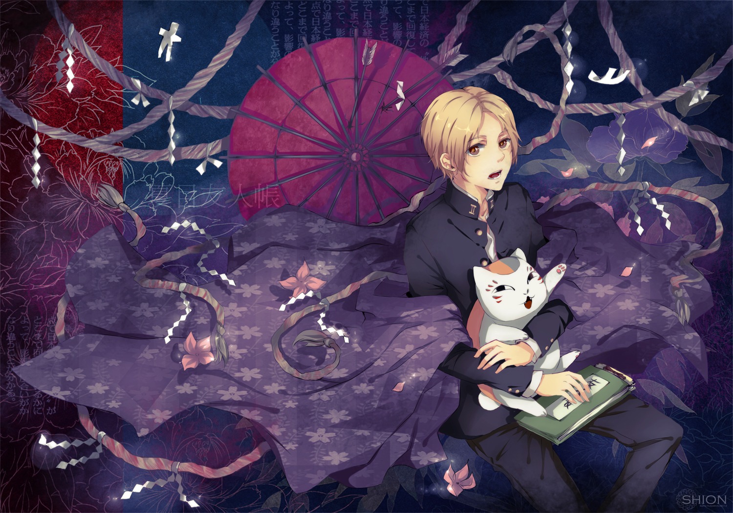 male, natsume_takashi, natsume_yuujinchou, neko, nyanko, shion_(pixiv), umbrella