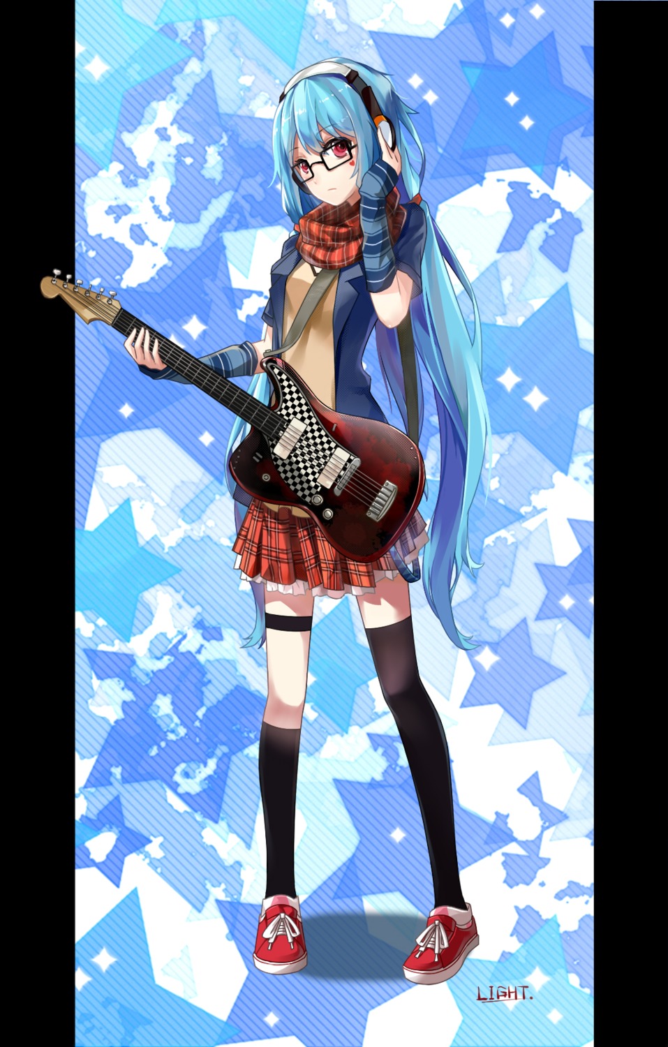 guitar, hatsune_miku, headphones, lightofheaven, megane, thighhighs, vocaloid