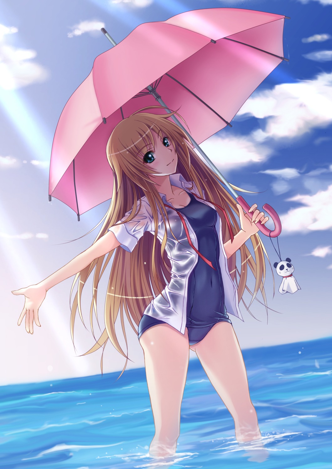 dress_shirt, natsuin, open_shirt, school_swimsuit, swimsuits, wet_clothes