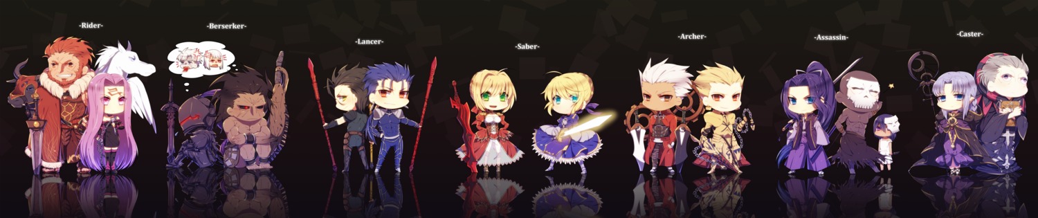 archer, artoria_pendragon_(fate), assassin, assassin_(fate/zero), chibi, cu_chulainn_(fate), diarmuid_ua_duibhne_(fate), dress
