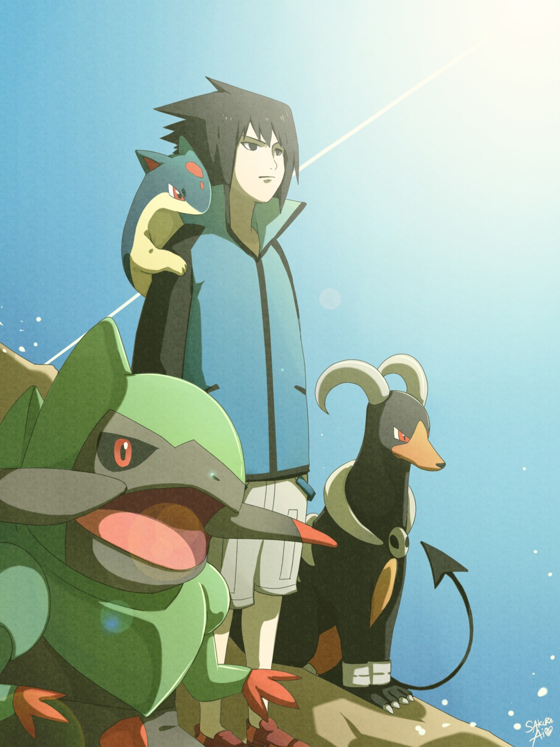ceal-sakura-ai, crossover, horns, houndoom, naruto, paper_texture, pokemon, quilava