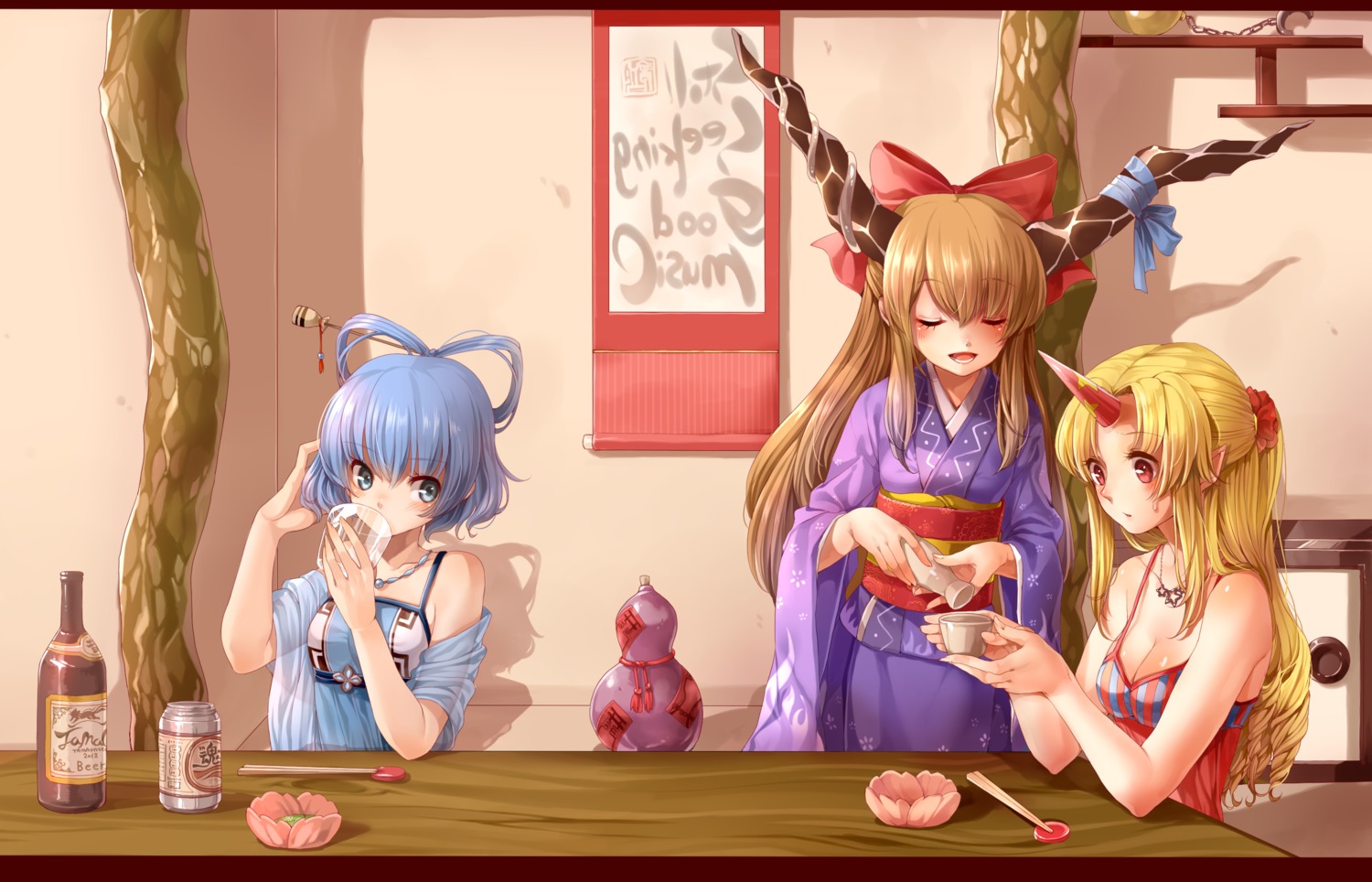 cleavage, horns, hoshiguma_yuugi, ibuki_suika, kaku_seiga, kimono, pointy_ears, rojiko