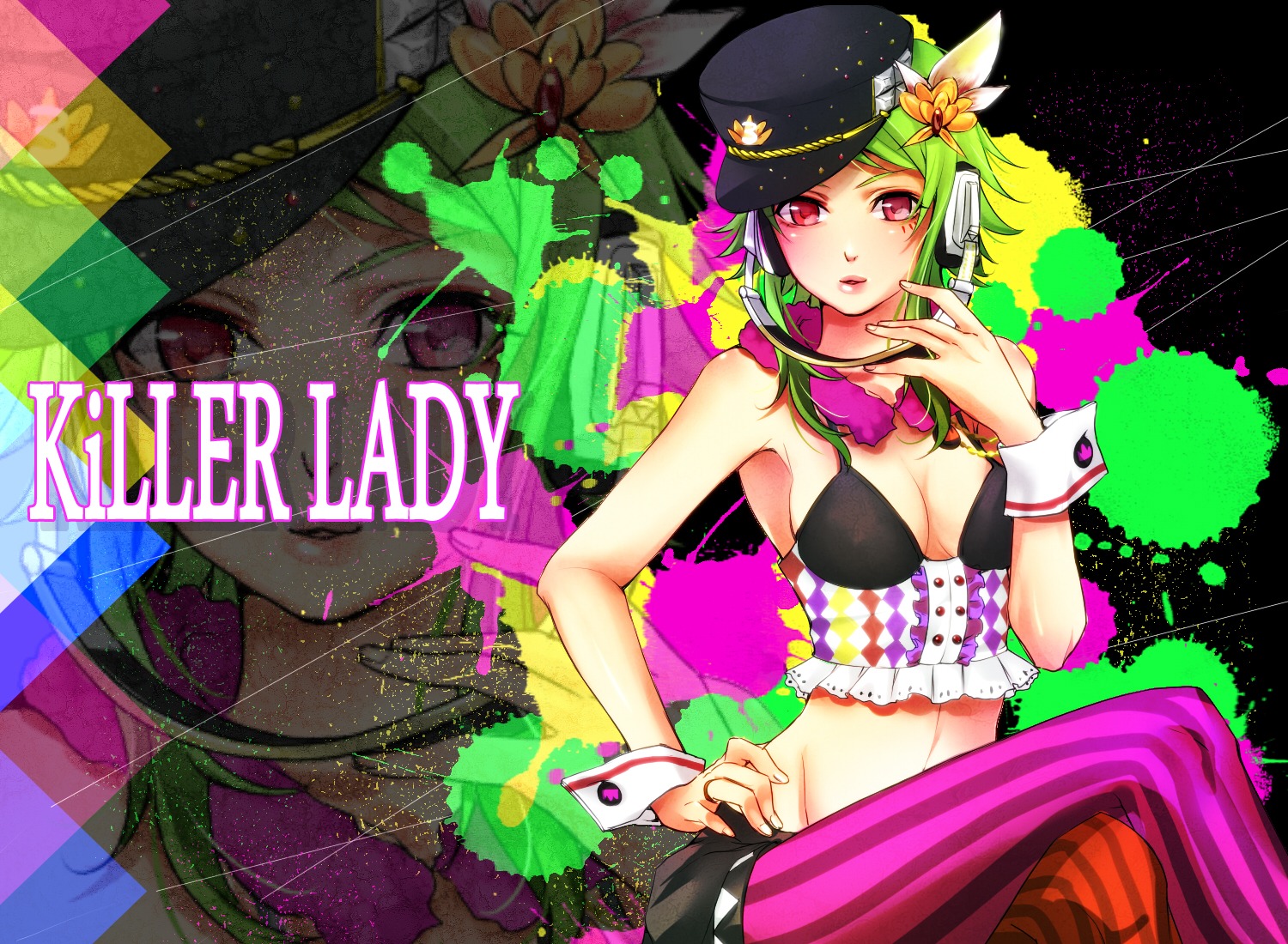 cleavage, gumi, headphones, killer_lady_(vocaloid), masami_chie, pantyhose, vocaloid