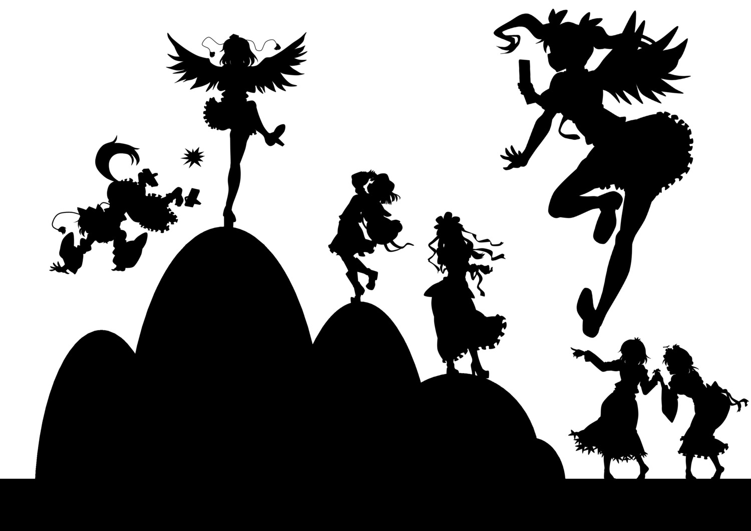 aki_minoriko, aki_shizuha, himekaidou_hatate, inubashiri_momiji, kagiyama_hina, kawashiro_nitori, kitazinger, monochrome, shameimaru_aya, silhouette, touhou