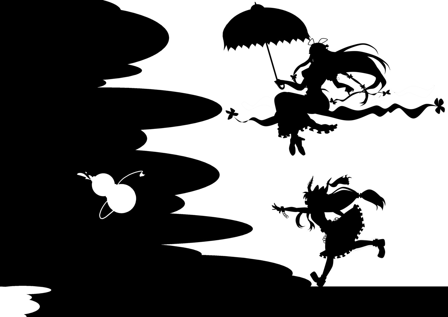 ibuki_suika, kitazinger, monochrome, silhouette, touhou, yakumo_yukari