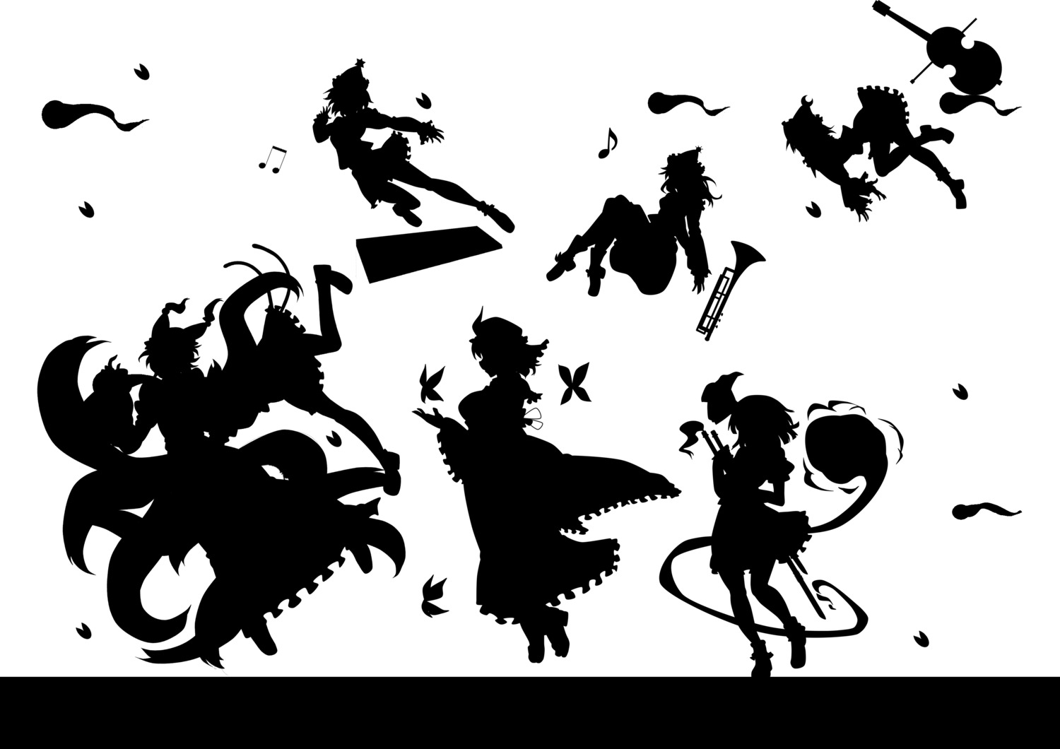 chen, kitazinger, konpaku_youmu, lunasa_prismriver, lyrica_prismriver, merlin_prismriver, monochrome, saigyouji_yuyuko