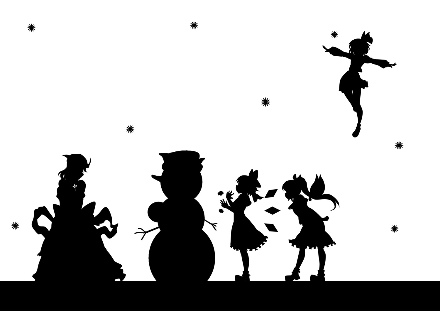 cirno, daiyousei, kitazinger, letty_whiterock, monochrome, rumia, silhouette, touhou