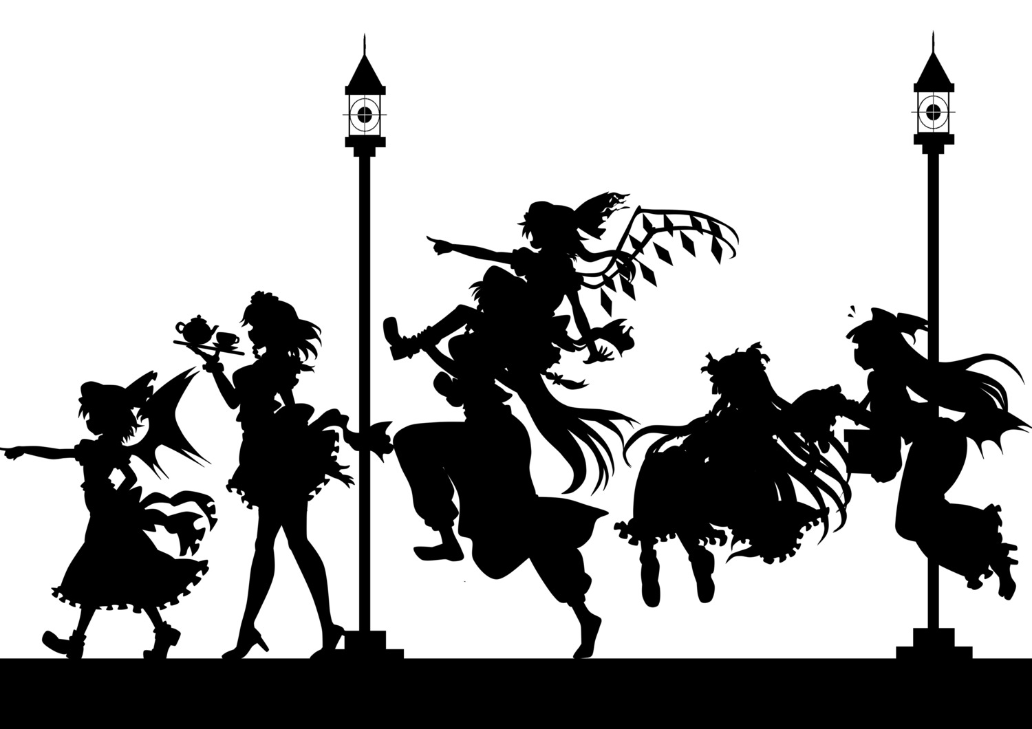 flandre_scarlet, hong_meiling, izayoi_sakuya, kitazinger, koakuma, monochrome, patchouli_knowledge, remilia_scarlet, silhouette, touhou