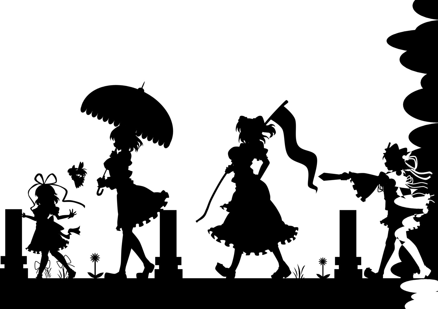 kazami_yuuka, kitazinger, medicine_melancholy, monochrome, onozuka_komachi, shikieiki_yamaxanadu, silhouette, touhou