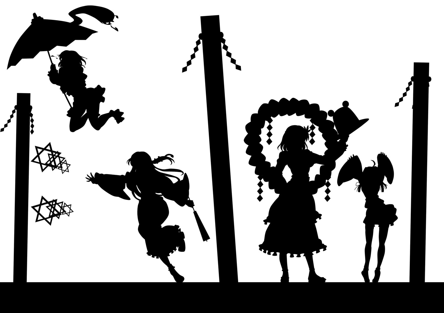 kitazinger, kochiya_sanae, monochrome, moriya_suwako, silhouette, tatara_kogasa, touhou, yasaka_kanako