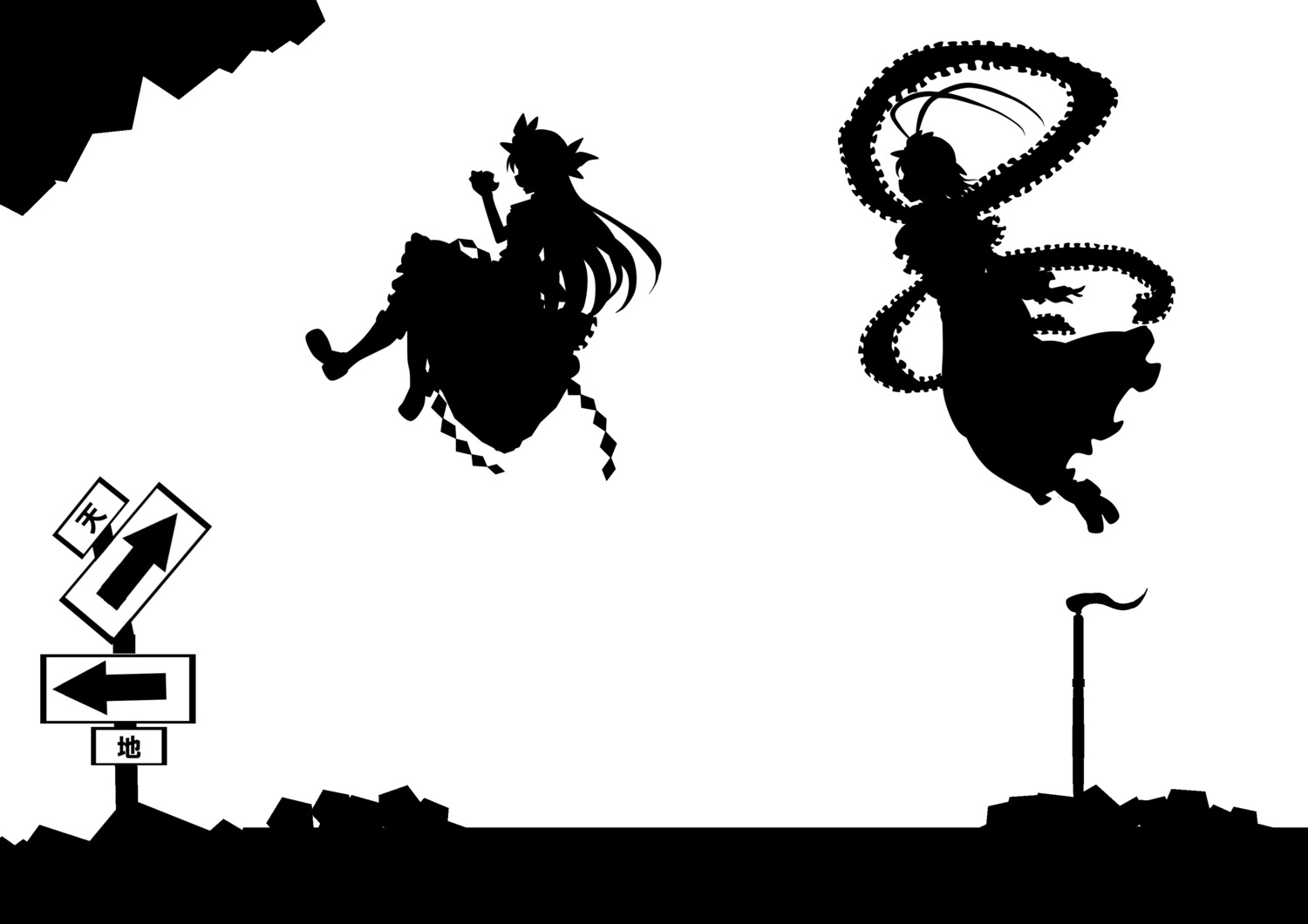 hinanawi_tenshi, kitazinger, monochrome, nagae_iku, silhouette, touhou