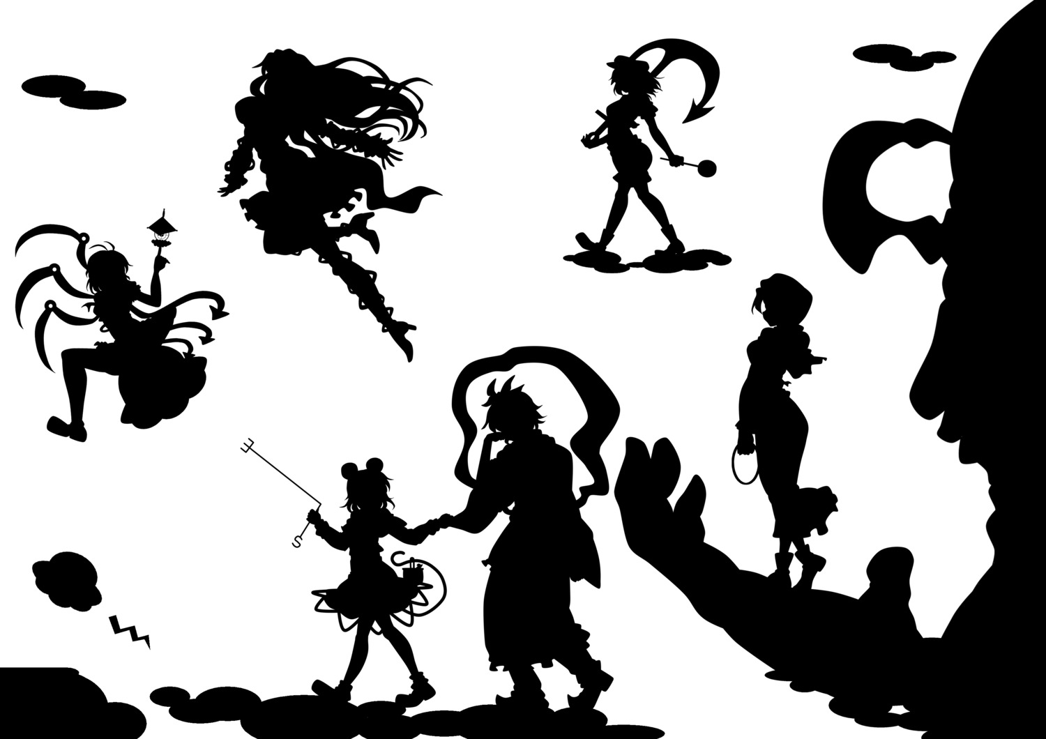 hijiri_byakuren, houjuu_nue, kitazinger, kumoi_ichirin, monochrome, murasa_minamitsu, nazrin, silhouette