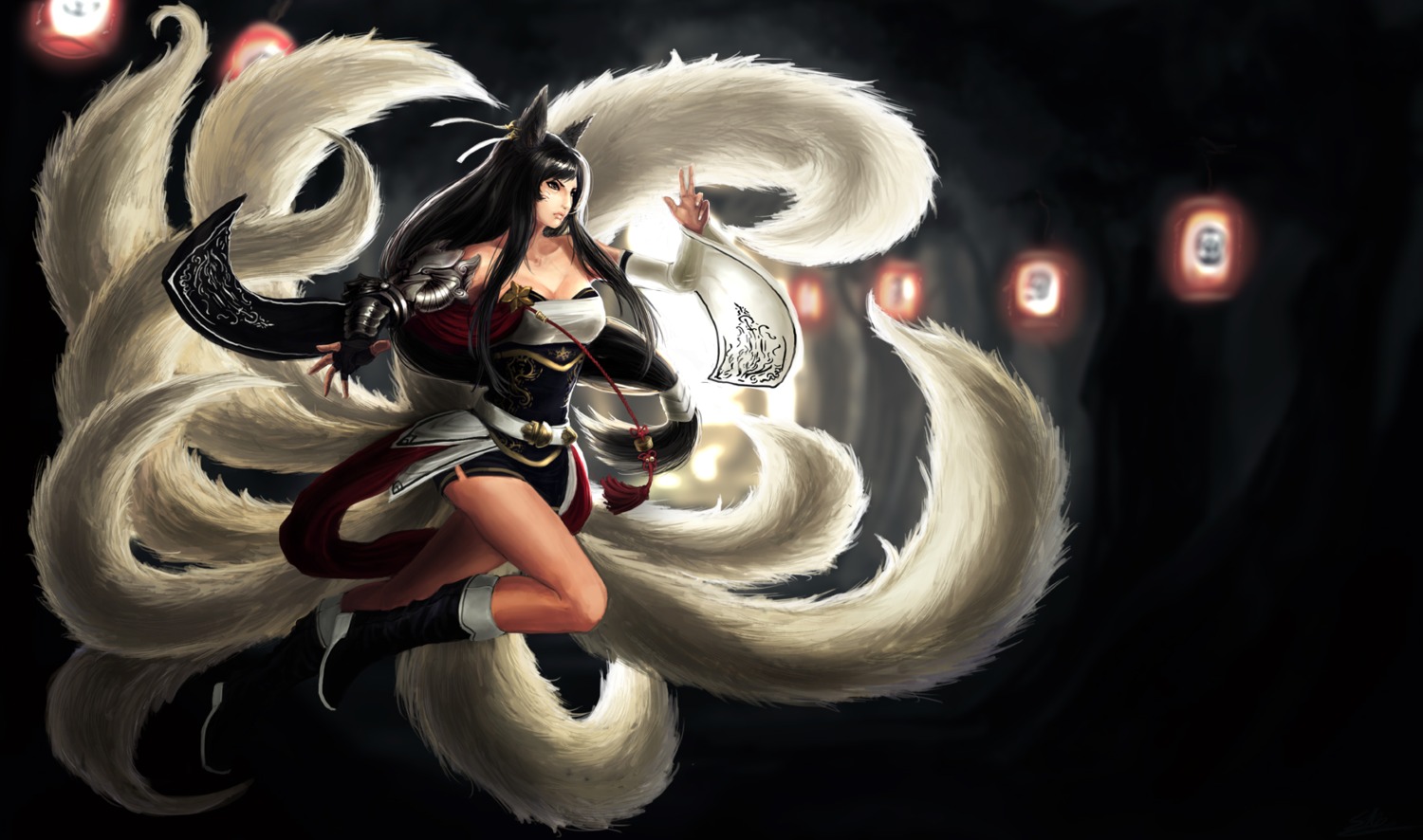 ahri, animal_ears, artnothearts, cleavage, kitsune, league_of_legends, tail