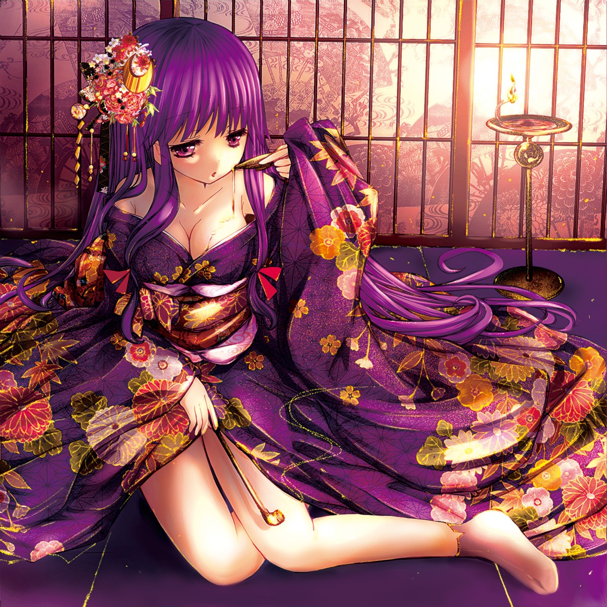 catbell, cleavage, cream, kimono, patchouli_knowledge, touhou