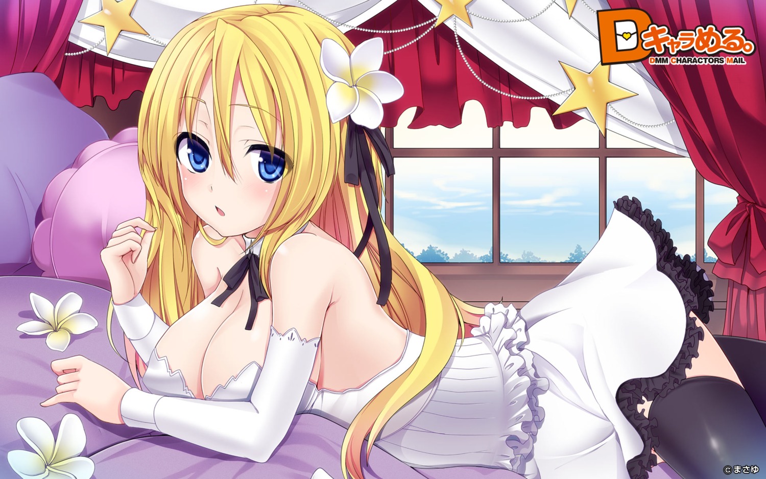 cleavage, dmm, dress, jpeg_artifacts, masayu, thighhighs, wallpaper