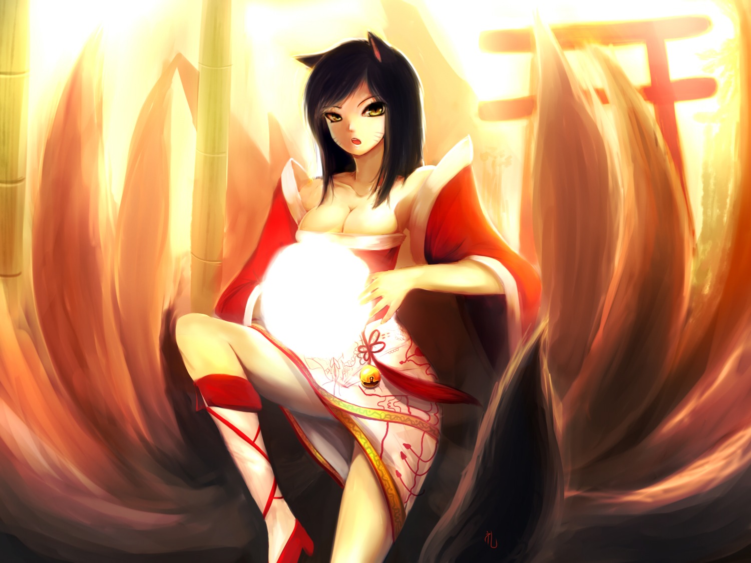 ahri, animal_ears, cleavage, helrouis, kitsune, league_of_legends, tail, wallpaper