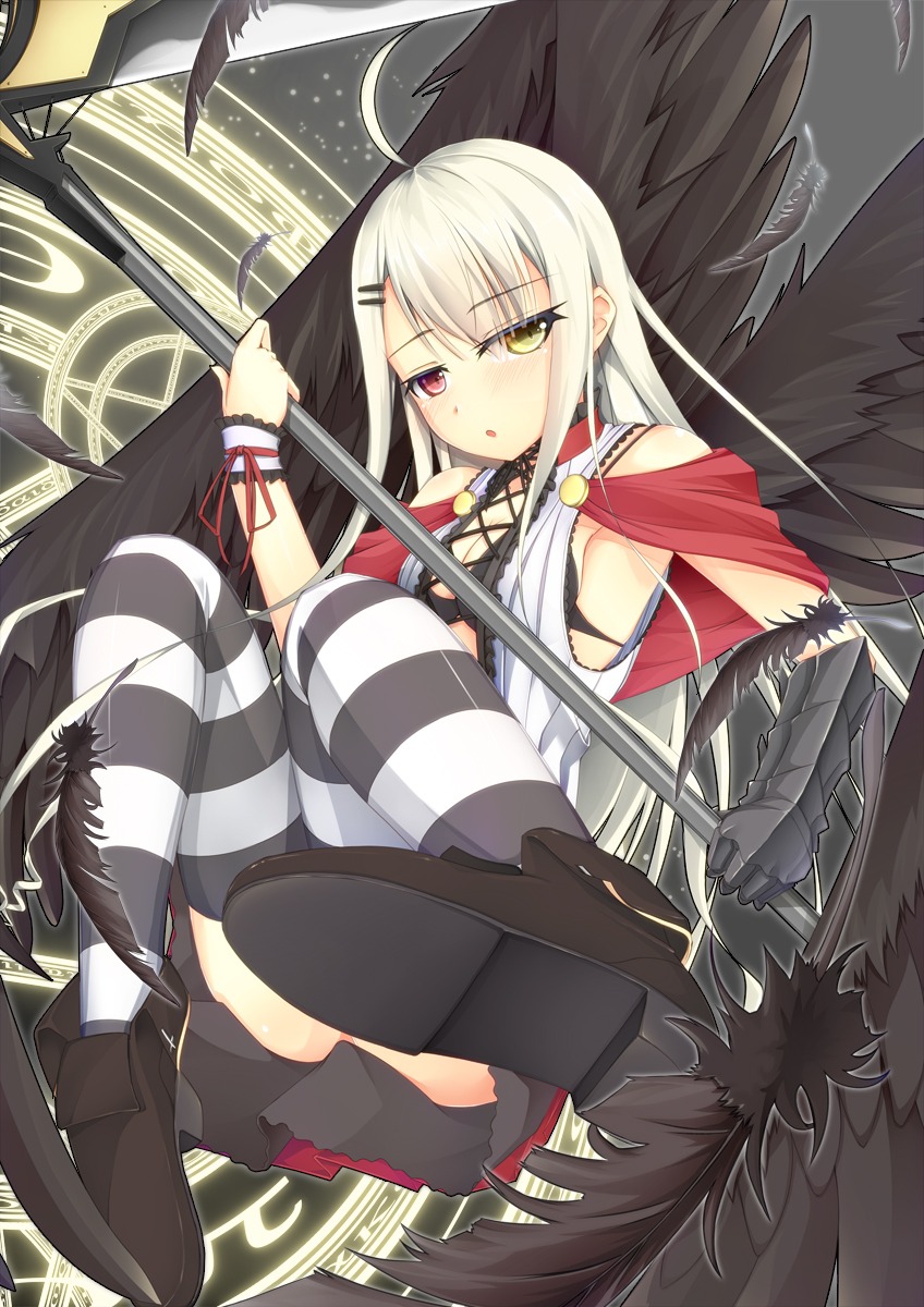 heterochromia, jougen, thighhighs, weapon, wings