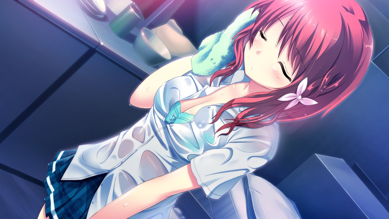 bra, cleavage, game_cg, himegi_ageha, kono_oozora_ni_tsubasa_wo_hirogete, motoi_ayumu, pulltop, see_through, seifuku, wet_clothes